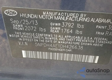 2013 Hyundai Elantra Gls z USA, uszkodzony, nr VIN 5NPDH4AE1DH426638